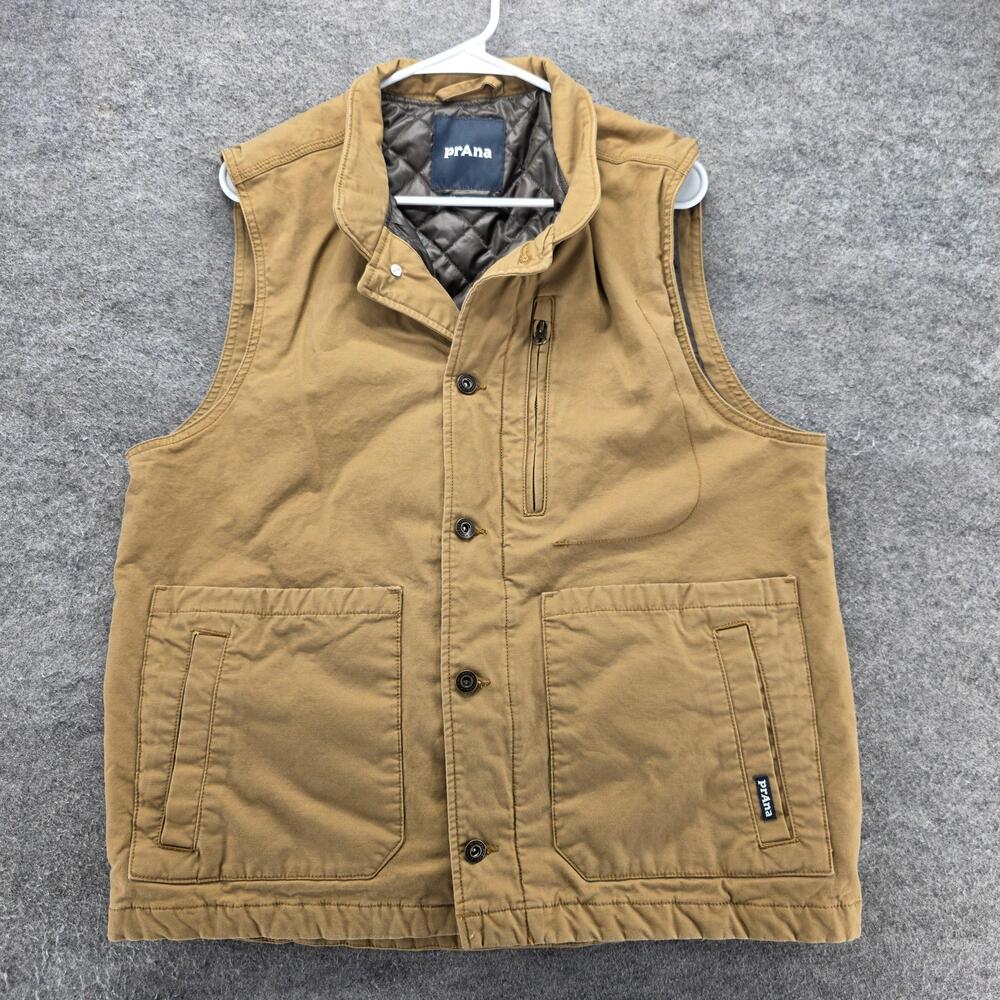 PrAna Vest Mens L Brown Quilted Lined Collared Pockets Insulated Canvas Shell